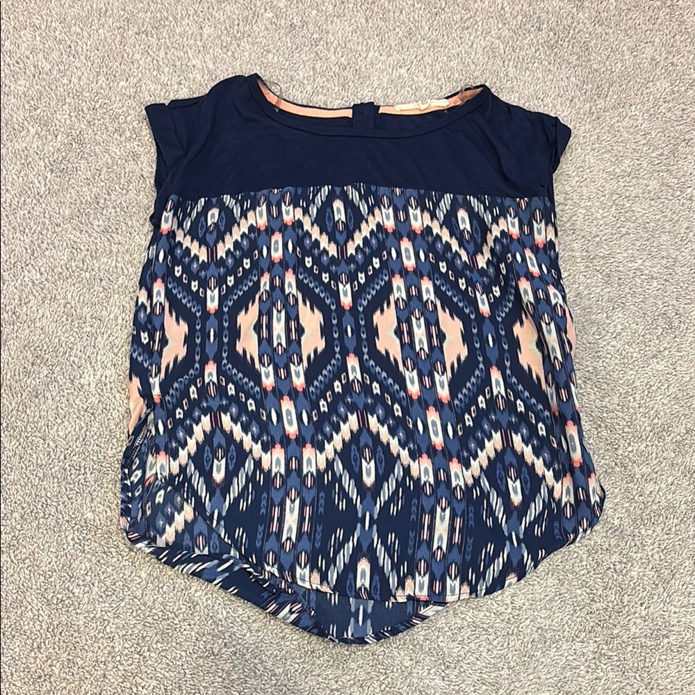 Rewind Blue and White Graphic Cap Sleeve Blouse